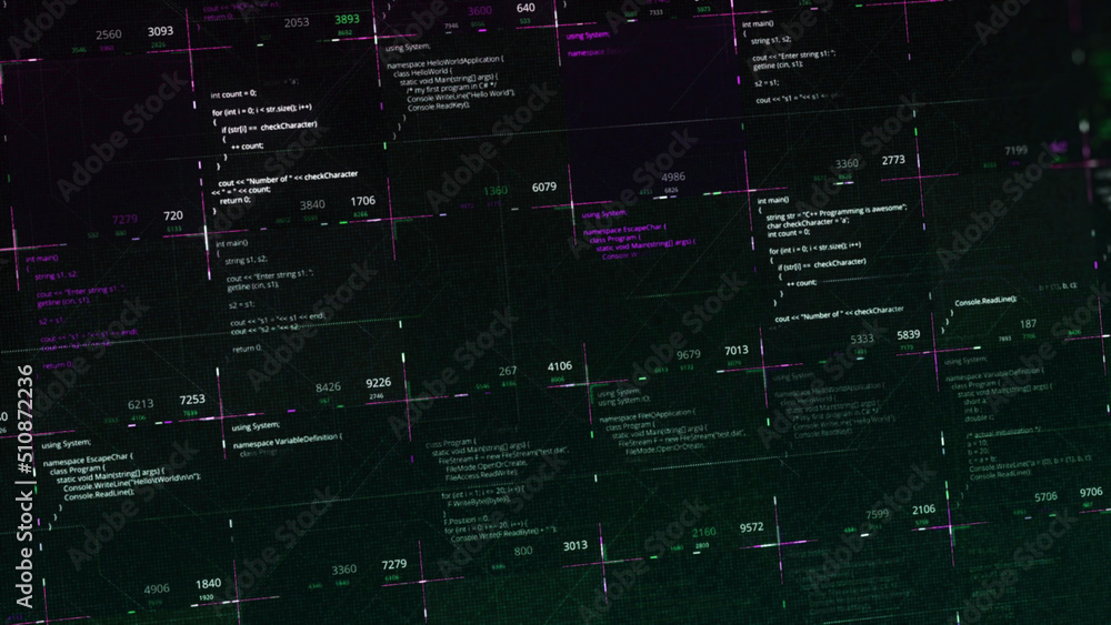 Poster computer black screen with words and code, processing cyber attack. animation. internet technology c