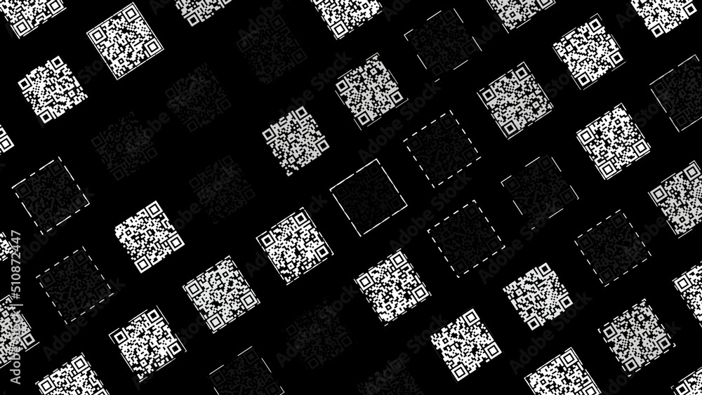 Poster abstract diagonal rows of square shaped black and white qr codes moving slowly on black background. 