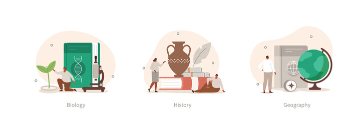School and preschool lessons subjects illustration set. Characters in school classes learning world history, geography and biology with books. Education concept. Vector illustration.
