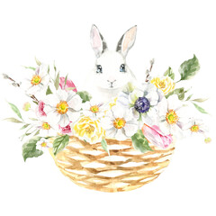 Watercolor farm animal bunny. Rabbit in pot, basket isolated cute spring flora animal. Nursery woodland illustration. Farmhouse Easter for baby shower invitation, nursery decor, print, greeting card