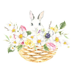 Watercolor farm animal bunny. Rabbit in pot, basket isolated cute spring flora animal. Nursery woodland illustration. Farmhouse Easter for baby shower invitation, nursery decor, print, greeting card