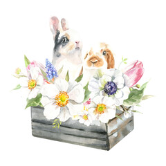 Watercolor farm animal bunny. Rabbit in pot, basket isolated cute spring flora animal. Nursery woodland illustration. Farmhouse Easter for baby shower invitation, nursery decor, print, greeting card