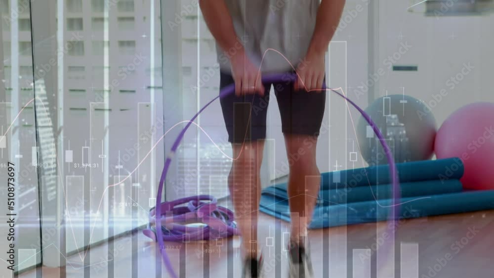 Poster animation of data processing over caucasian sportsman jumping and exercising