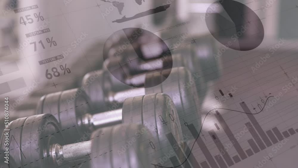Poster Animation of data processing over dumbbells in row at gym