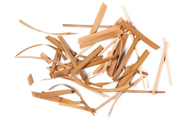 Dry yellow reed leaves pile isolated on white background and texture, top view 