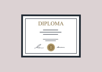 A High school graduation certificate template, a sealed and signed diploma with a bitcoin stamp, a crypto currency education - obrazy, fototapety, plakaty