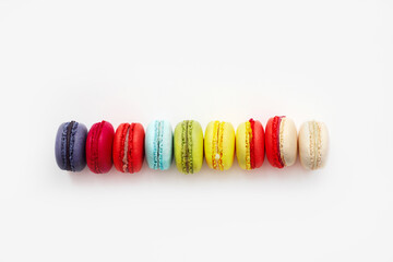 Colourful french macaroons or macaron on white background, Dessert. Copyspace