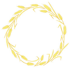 Round frame made of golden wheat or rye ears. Vector autumn wreath, border hand drawn in Doodle flat style, isolated on white background