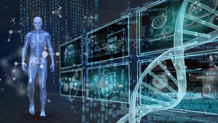 Animation of dna strand and skeleton over data processing - Powered by Adobe