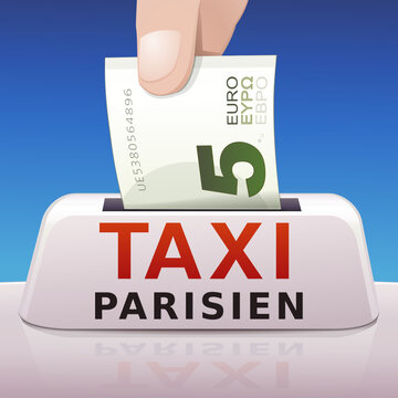 Parisian (Parisien in french) taxi sign on the roof of a white taxi with a hand dropping a 5 euro note into the slot in the sign like a piggy bank