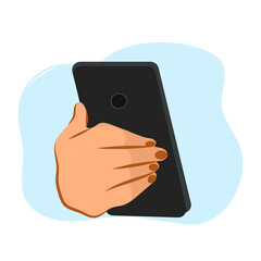 Mobile phone in hand, blue background. Icon with vector image of mobile technologies. Vector illustration