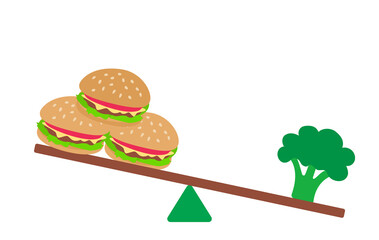 three burgers against broccoli on seesaw healthy fast food concept vector illustration