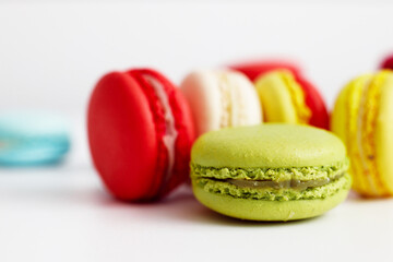Sweet and colourful french macaroons or macaron close up view, Dessert.