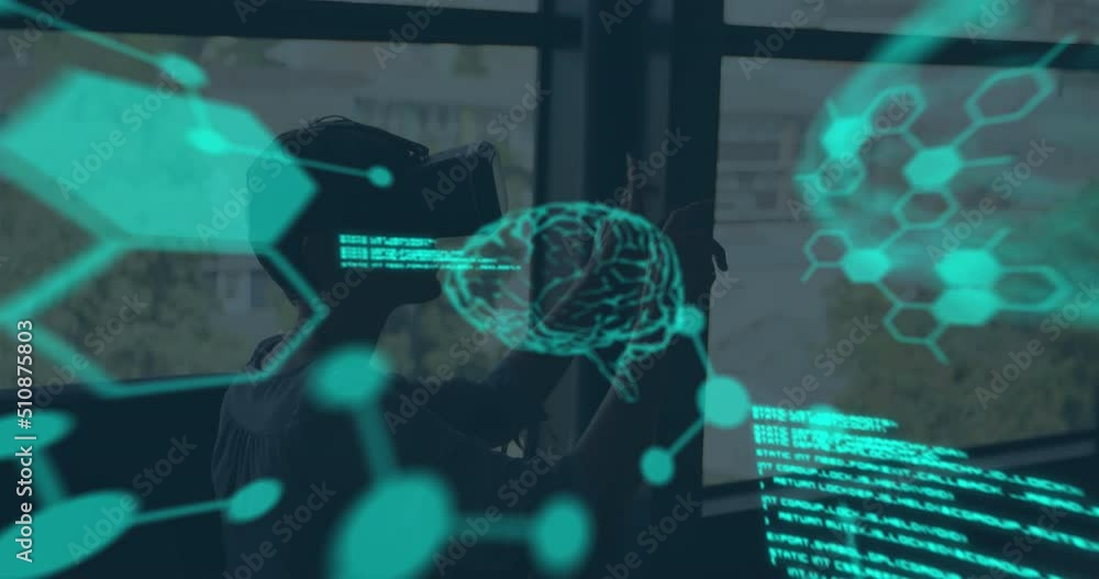 Aufkleber animation of data processing over caucasian boy using vr headset
