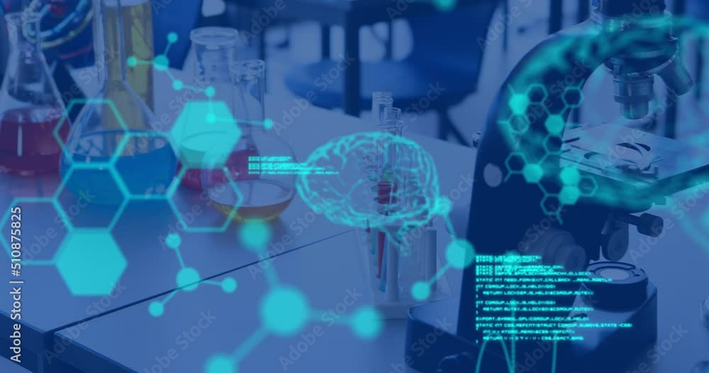 Poster animation of data processing over laboratory equipment in lab