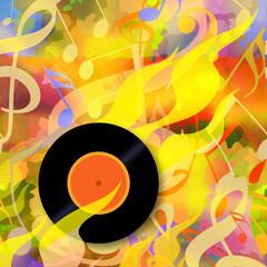 Bright hot music background with vinyl  record and musical notes in flames