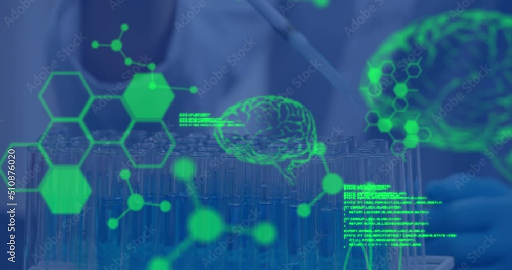 Poster animation of data processing over scientist with test tubes in lab