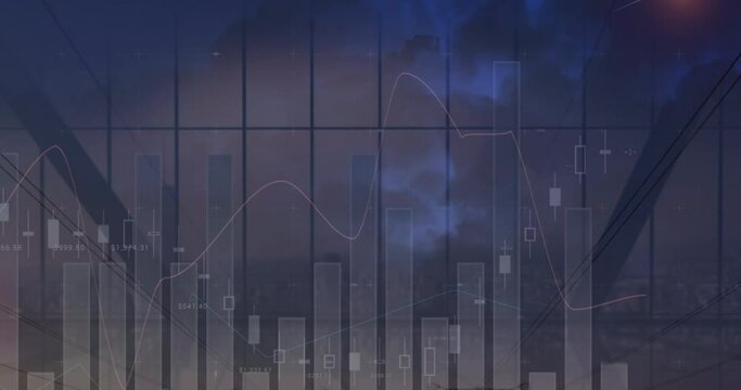 Animation of financial graphs over electricity poles at dusk - Powered by Adobe