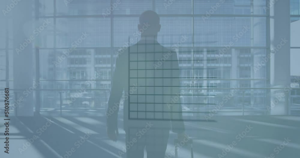 Poster animation of financial graphs and pie chart over back view of caucasian businessman with suitcase