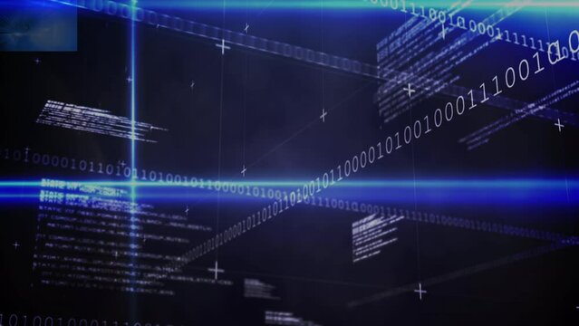 Animation of lights, data and binary code on black background