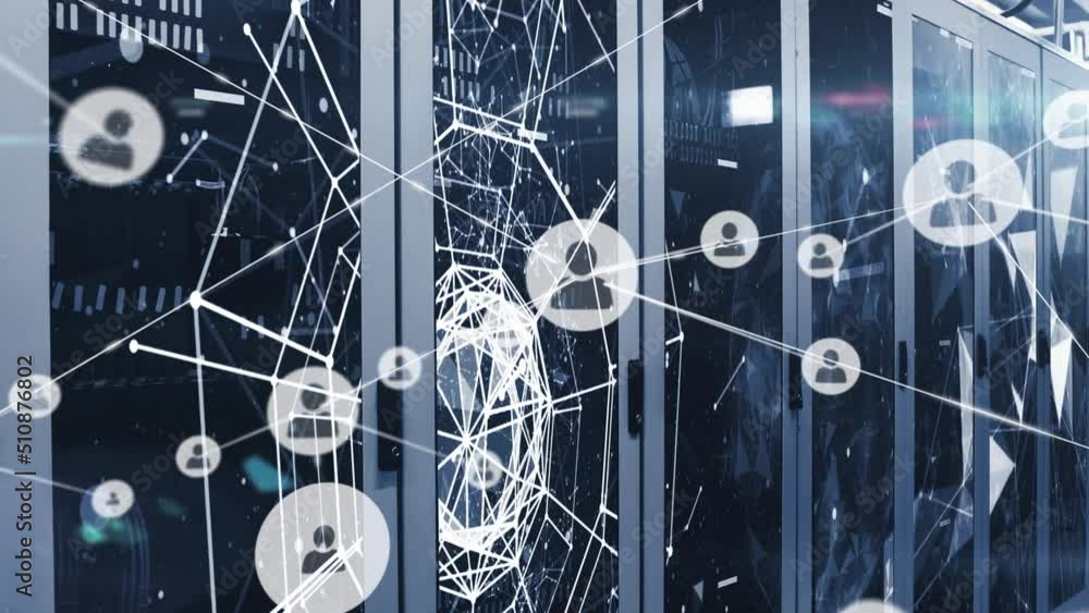 Poster animation of network of connections with icons over servers