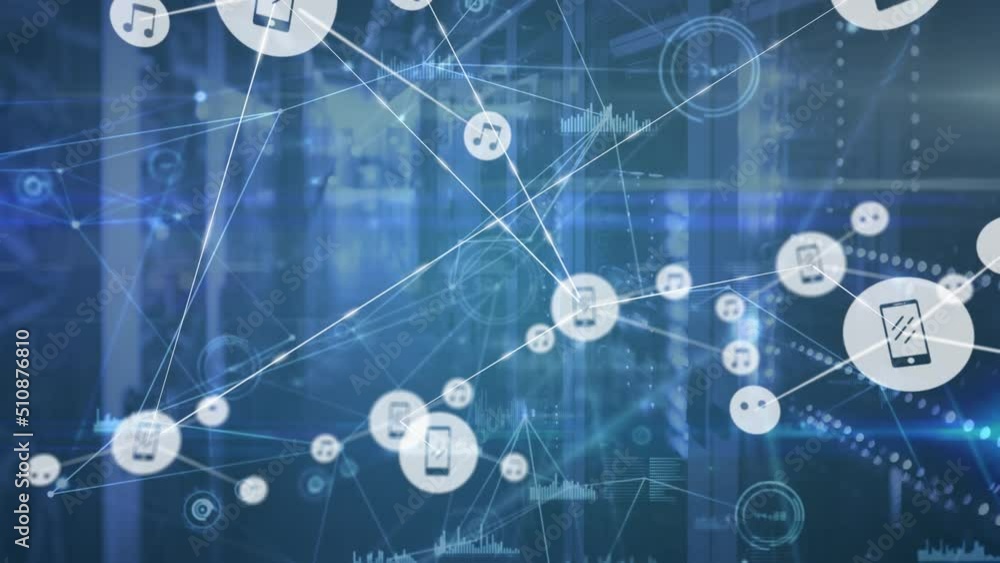 Poster animation of network of connections with icons over servers