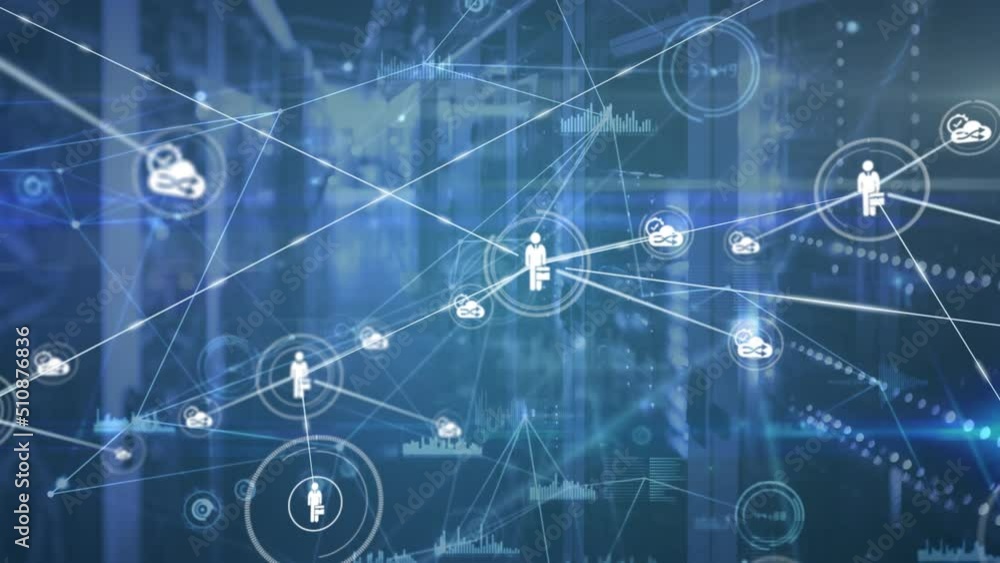 Poster animation of network of connections with icons over servers
