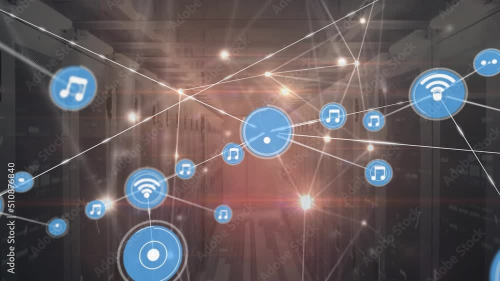 Poster animation of network of connections with icons over servers