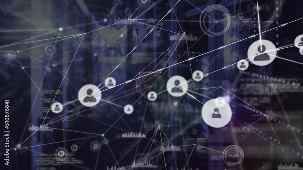 Poster animation of network of connections with icons over servers