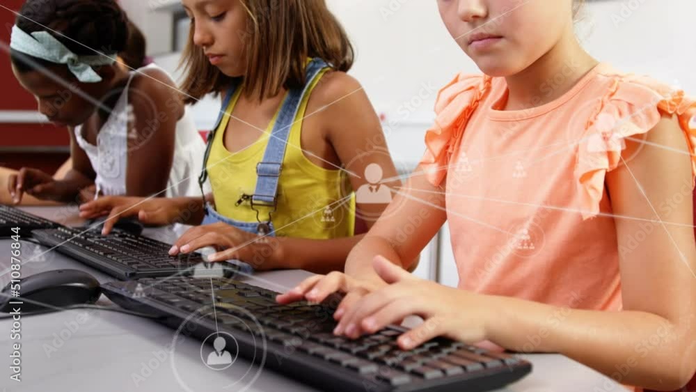 Poster animation of network of connections over happy diverse pupils using computers at school