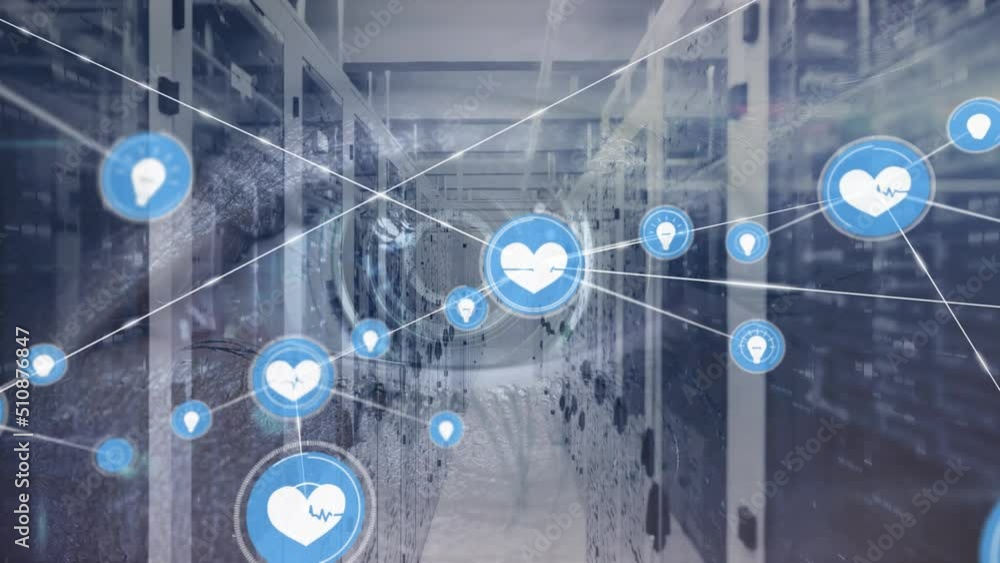 Poster animation of network of connections with icons over servers