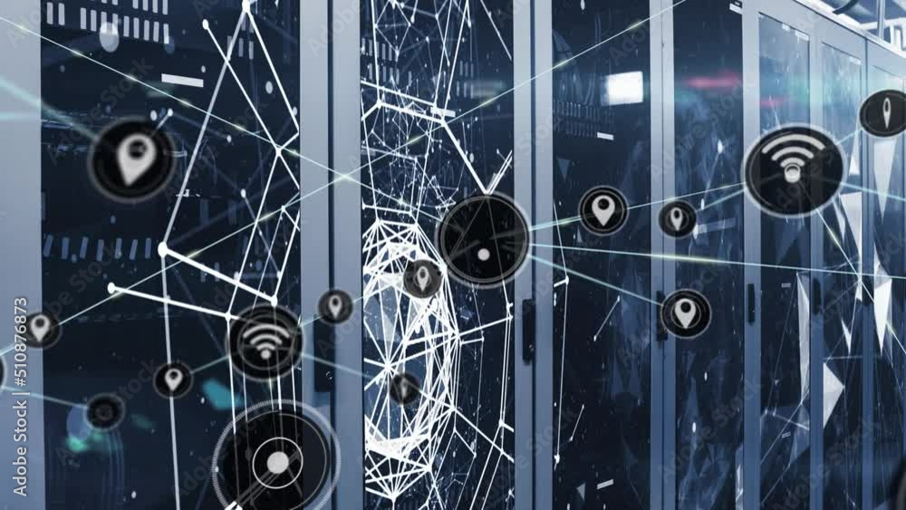 Poster animation of network of connections with icons over servers