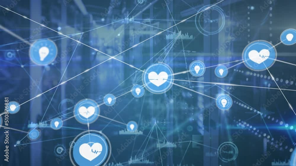 Poster animation of network of connections with icons over servers