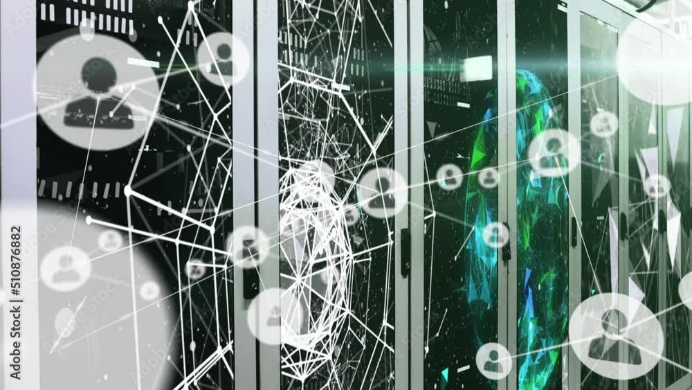Poster animation of network of connections with icons over servers