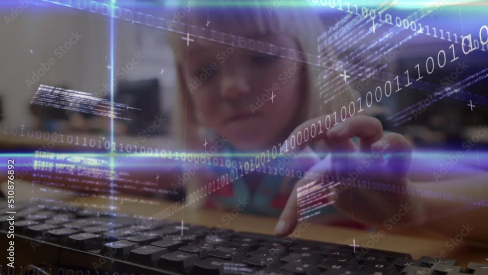 Poster animation of data processing over caucasian girl typing on keyboard
