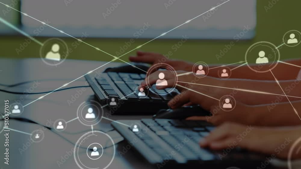 Aufkleber animation of network of connections over hands of diverse pupils typing on keyboard