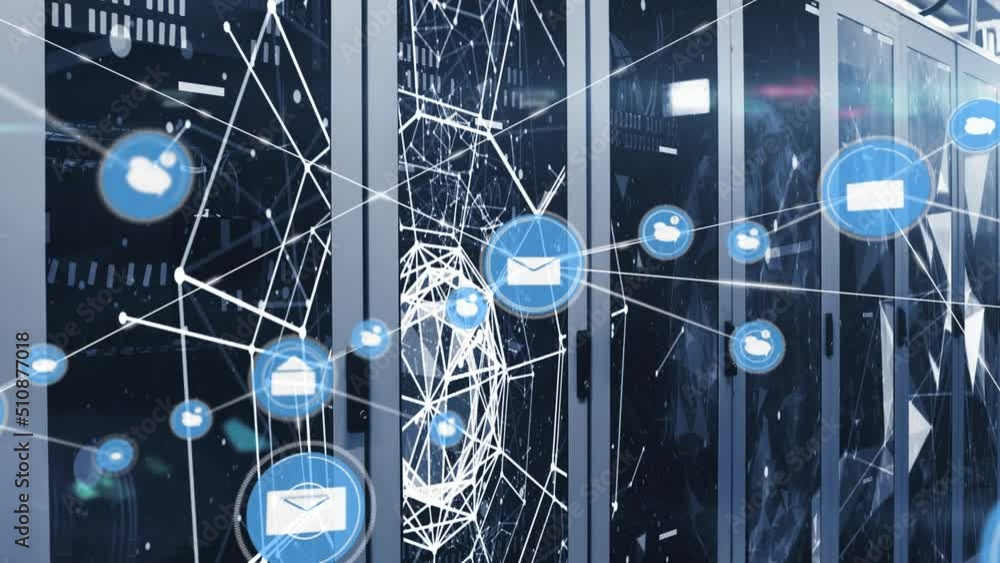 Poster animation of network of connections with icons over servers