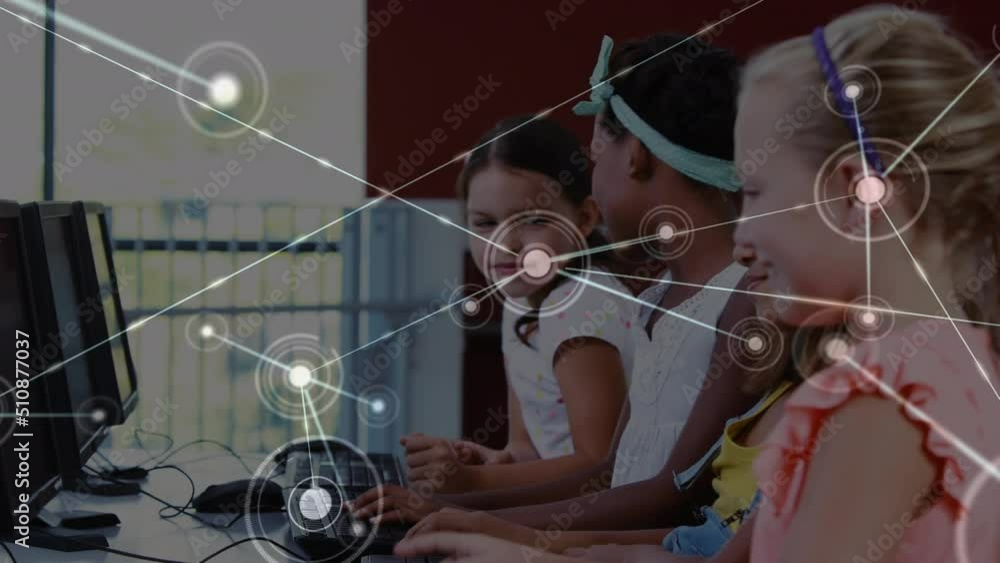 Poster animation of network of connections over happy diverse pupils using computers at school