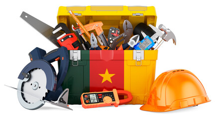 Cameroonian flag painted on the toolbox. Service, repair and construction in Cameroon, concept. 3D rendering