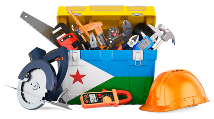 Djiboutian flag painted on the toolbox. Service, repair and construction in Djibouti, concept. 3D rendering