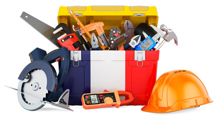 French flag painted on the toolbox. Service, repair and construction in France, concept. 3D rendering