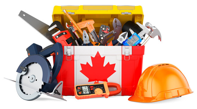 Canadian flag painted on the toolbox. Service, repair and construction in Canada, concept. 3D rendering