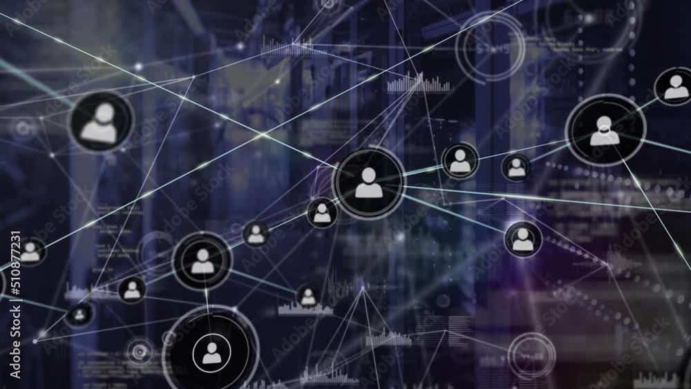 Poster animation of network of connections with icons over servers