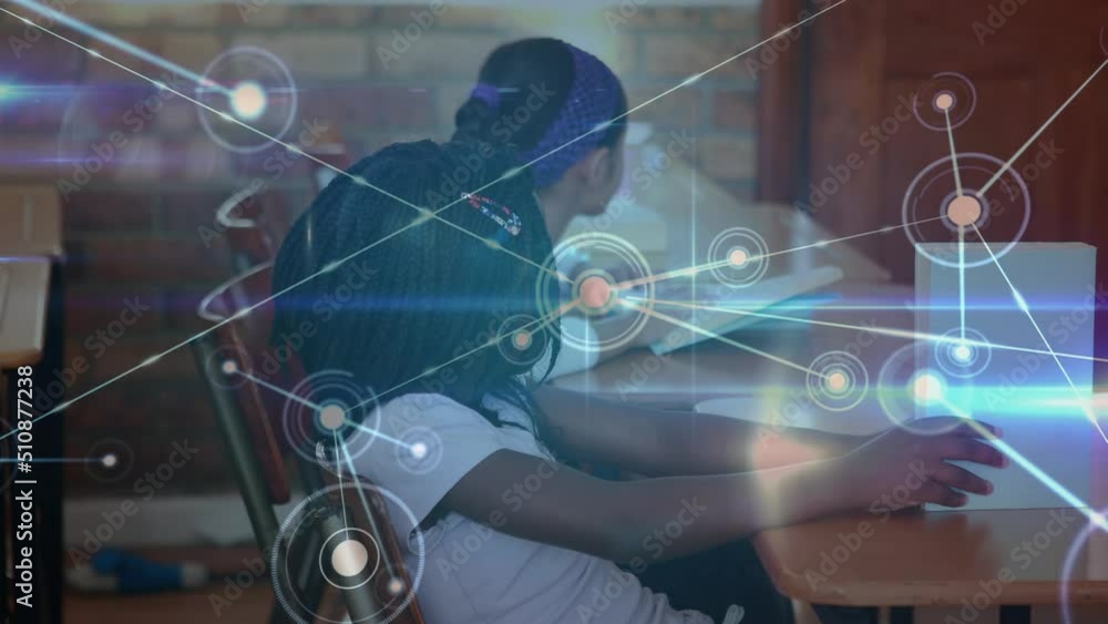 Poster animation of network of connections over happy diverse pupils using computers at school