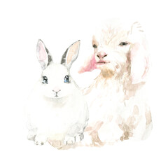 Watercolor farm animals together. Goat domestic pet isolated cute spring flora animal. Nursery woodland illustration. Farmhouse Easter for baby shower invitation, nursery decor, print, greeting card
