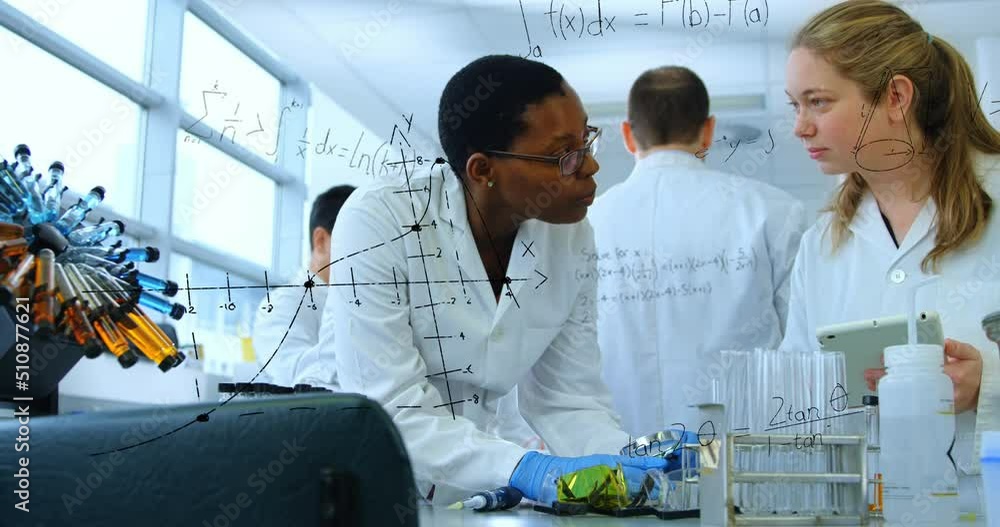 Aufkleber animation of mathematical equations over group of diverse scientists in lab