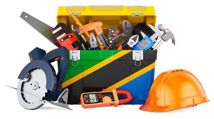 Tanzanian flag painted on the toolbox. Service, repair and construction in Tanzania, concept. 3D rendering