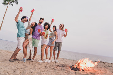 Full length portrait of excited carefree people chilling beach fire drink alcohol weekend outside