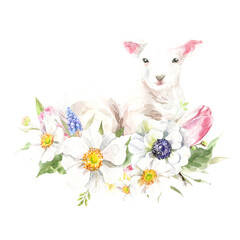Watercolor farm animals together. Lamb domestic pet isolated cute spring flora animal. Nursery woodland illustration. Farmhouse Easter for baby shower invitation, nursery decor, print, greeting card