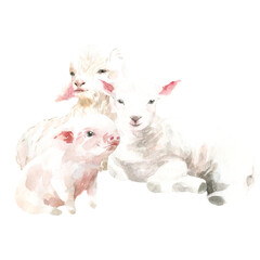 Watercolor farm animals together. domestic pet isolated cute spring flora animal. Nursery woodland illustration. Farmhouse Easter for baby shower invitation, nursery decor, print, greeting card